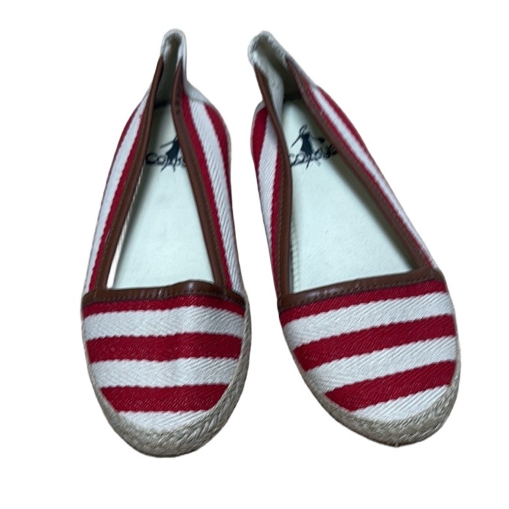 Corkys Red and White Espadrilles with Brown Trim. Vacation Resort Summer